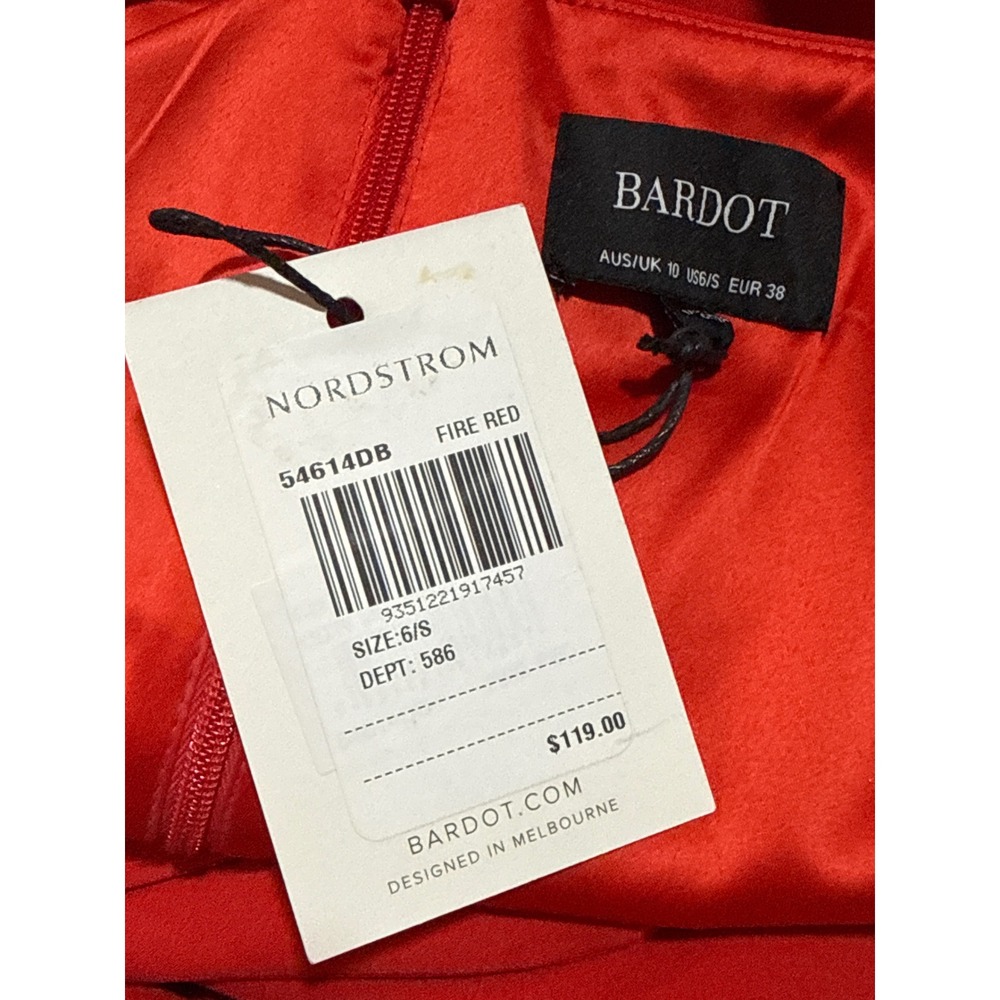 Bardot Red Deep V Neck Puff Sleeve Belted Mini Dress Women's US 6/S NWT - Picture 11 of 12